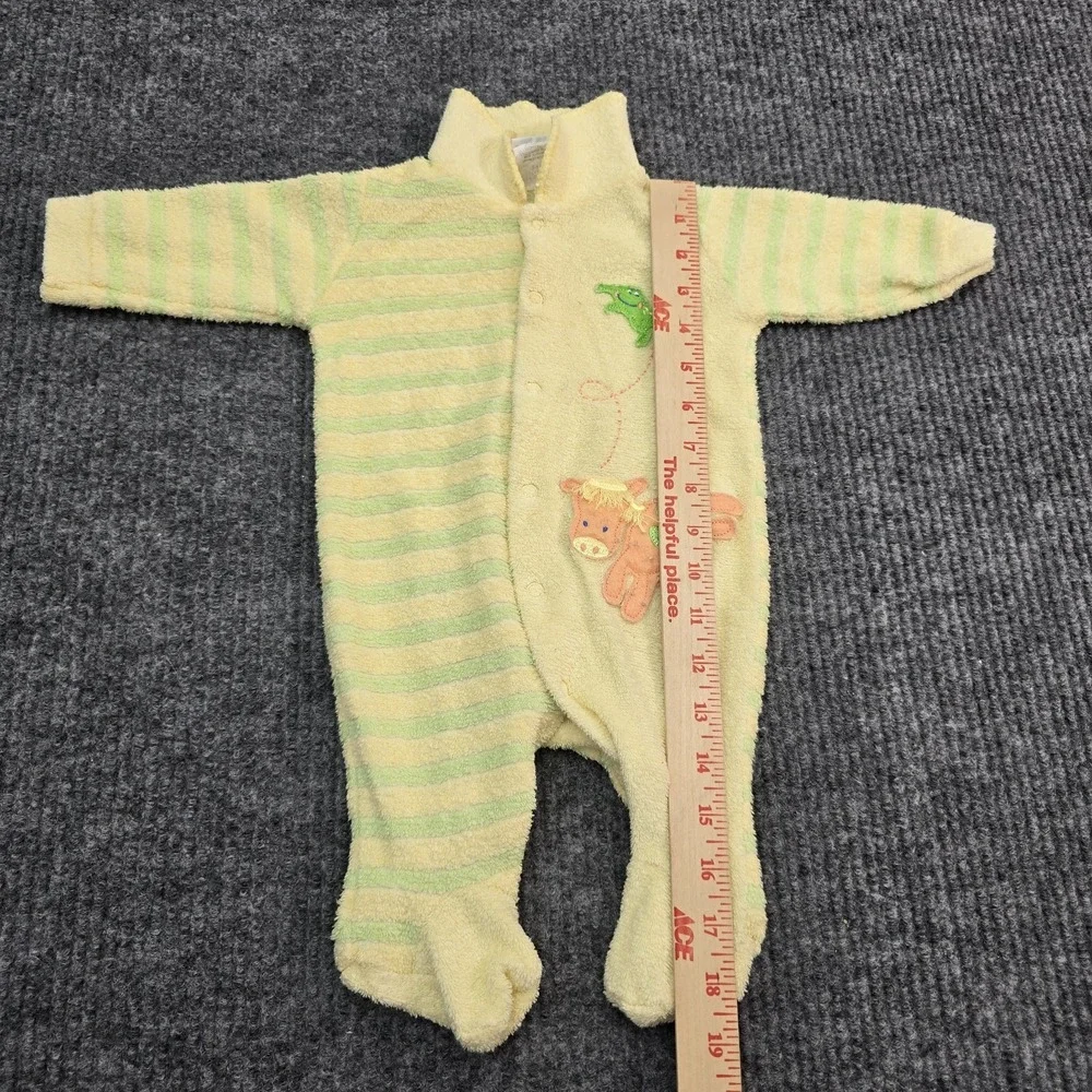 Vtg Carters Baby 0-3M Yellow Green Stripe Terrycloth Pajamas Embroidered Animals
